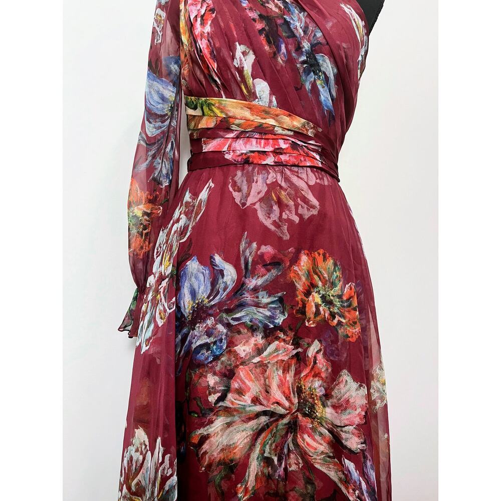 Marchesa Notte Floral Printed Cocktail Dress Burgundy Size 0 One Shoulder Lined - Picture 7 of 8